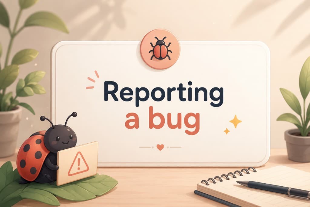Reporting a bug to the Unfollowers Tracker team — a friendly ladybug mascot on a desk with a