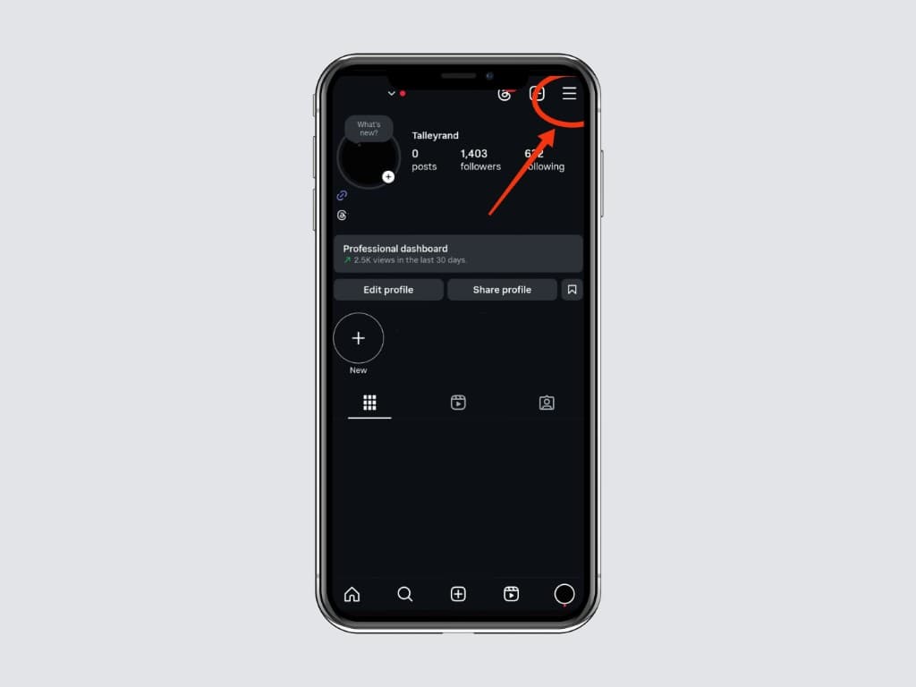 Instagram profile screen with the ☰ menu icon highlighted in the top-right corner.