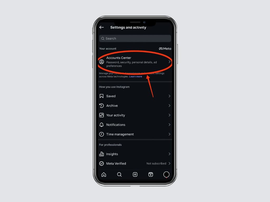 Settings and activity screen with the Accounts Center card highlighted at the top.