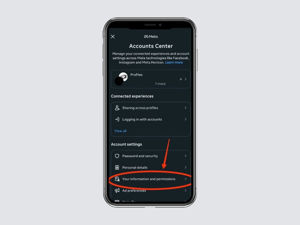 Accounts Center screen with the “Your information and permissions” row highlighted under Account settings.