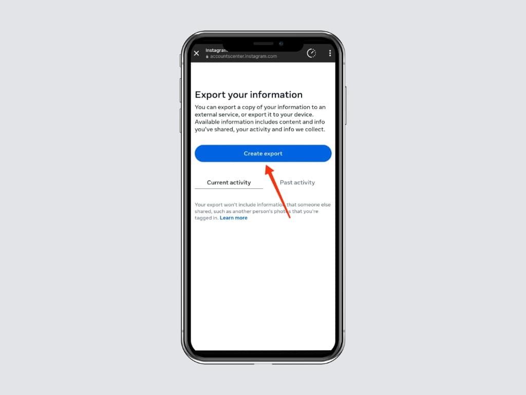 Export your information screen with the blue “Create export” button highlighted.