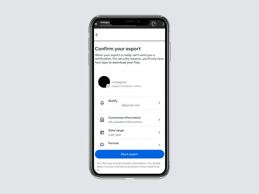 Confirmation screen explaining how the “Export to device” option works.