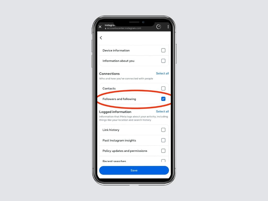 New export screen with the “Customize information” option highlighted.