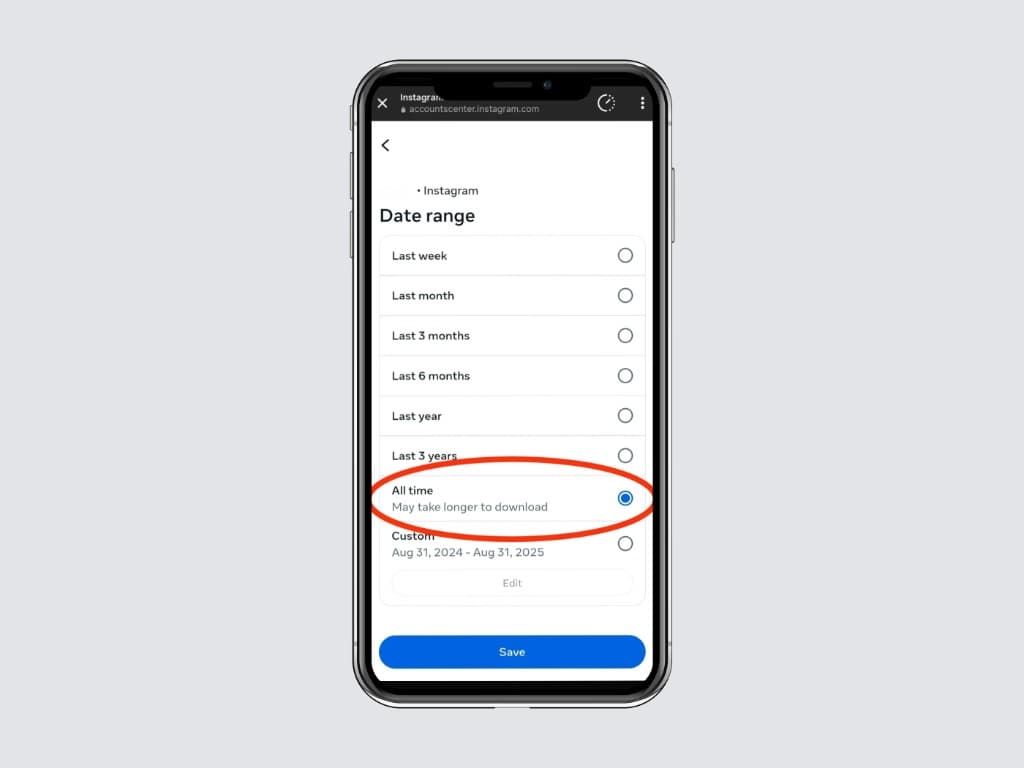 Date range setting screen with “All time” selected.