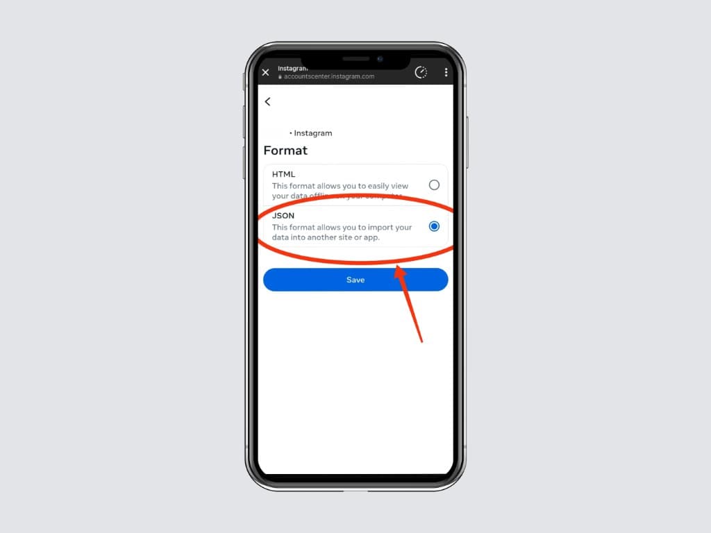 Format setting screen with the JSON option selected.