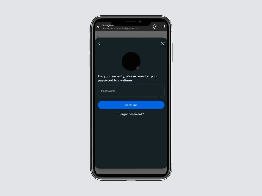 Instagram password screen asking you to confirm with your account password.
