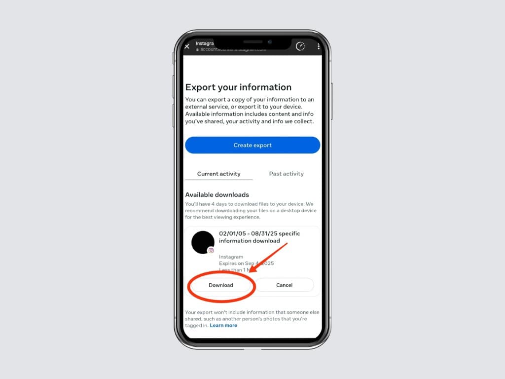 Instagram Available downloads screen listing the new ZIP export.