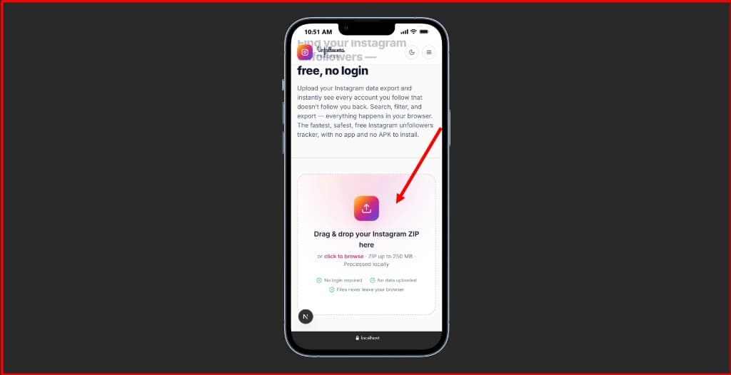 Unfollowers Tracker drop zone with the “Drag & drop your Instagram ZIP here” upload area highlighted.